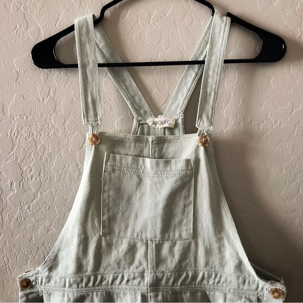 Roolee Mint Green Denim Short Overalls - Picture 2 of 5